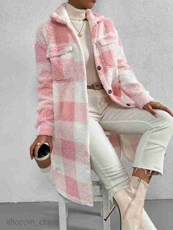 Women Jackets Coats Autumn and Winter Open Collar Plush Checkered Coat Loose Temperament Commuter Long Coat for Women