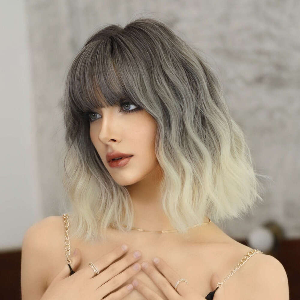 Wig For Women Short Hair, Wavy Curls, Full Head Cover, Sier White, Painted With Japanese And Korean Bangs, Gradient Wig