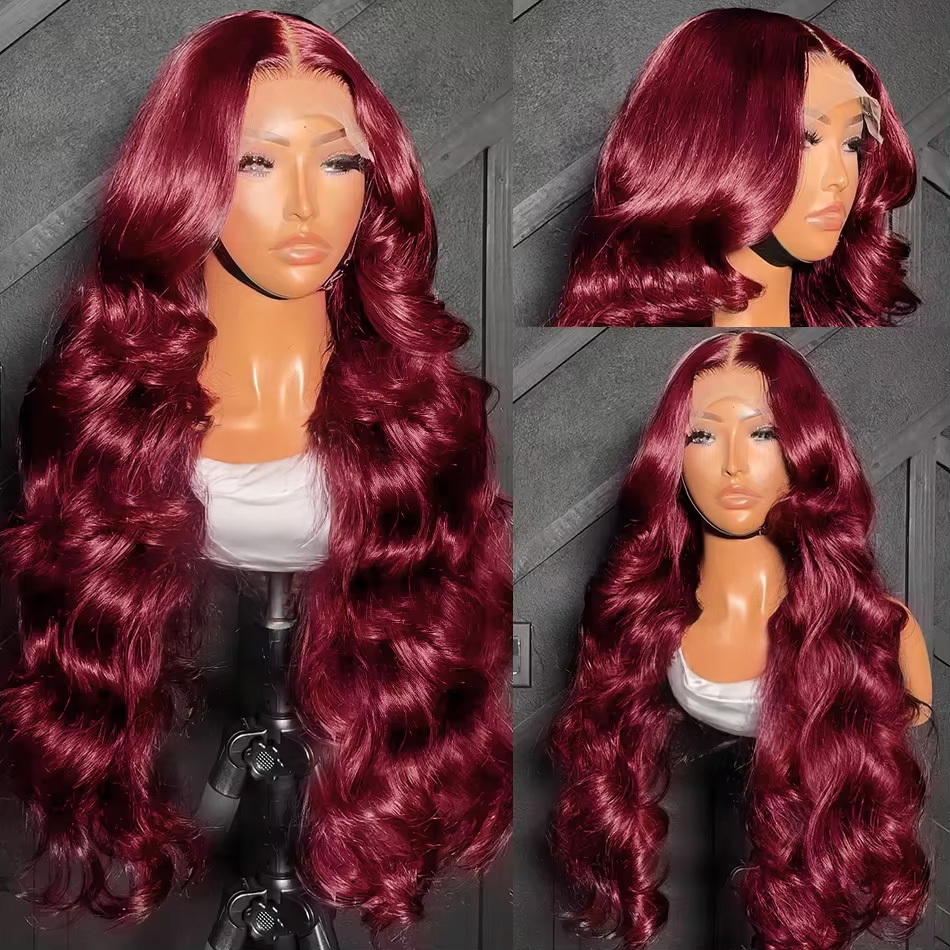 99J Bury 13X6 200 Density Frontal Wigs Human Hair Body Wave 30 32Inch 13X4 Lace Front Wig HD Transparent Wine Brazilian
