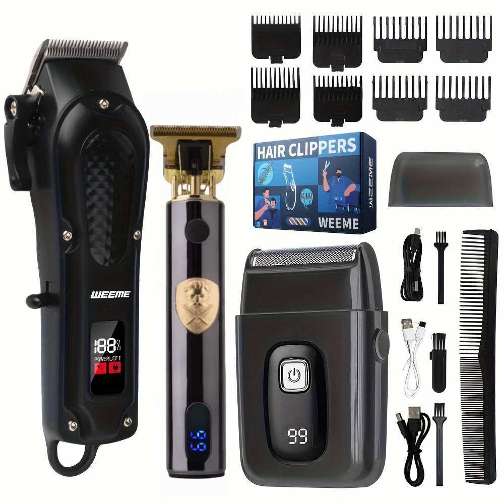 Exclusive Cool Black Mens 3-Piece Set Smart LCD Display Hair Clip+T-shaped Trimmer+Shaver USB Fast Charging W241017