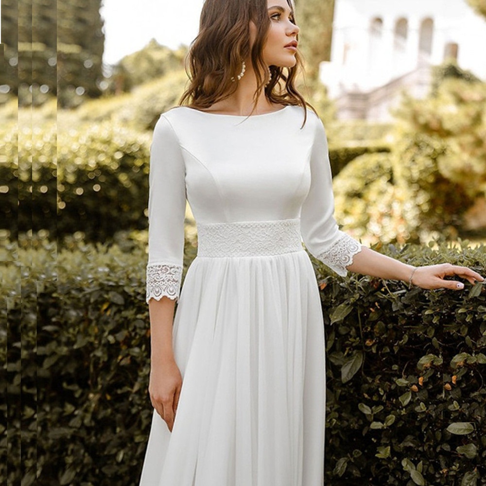 White Satin Womens Wedding Dresses Scoop Neck Long Sleeve Backless Bridal Gown Pleat Bow Tie Sweep Train Church Mariage De Mariee