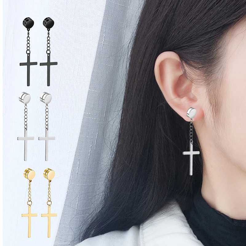 Punk Mens Powerful Magnet Cross Earnail Set with Non Perforated Fake Earnails for Boyfriend and Lover Jewelry W241017