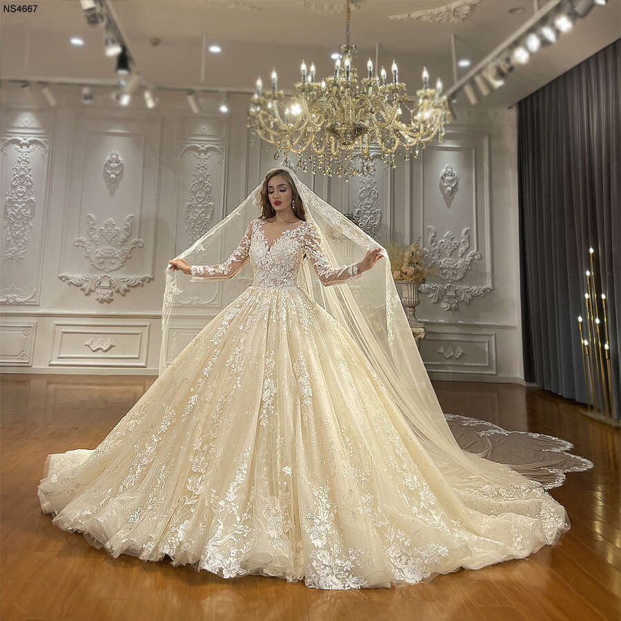 Champagne Color Full Lace Wedding Gown With Veil