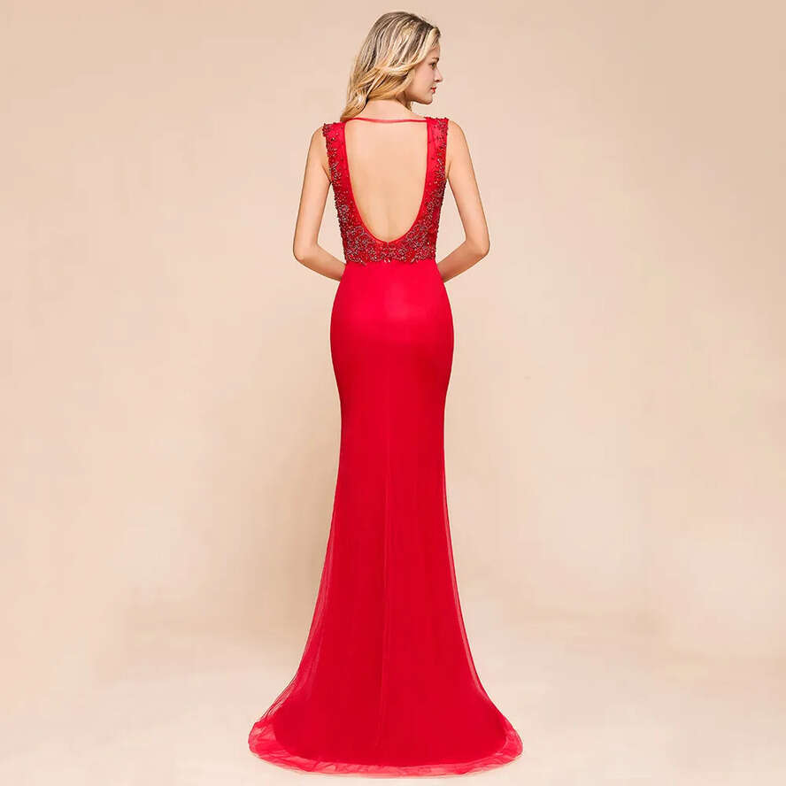V Deep Red Sexy Neck Mermaid Sleeveless Lace Arabic Long Formal Party Bridesmaids Evening Prom Dresses Gown Bm1811