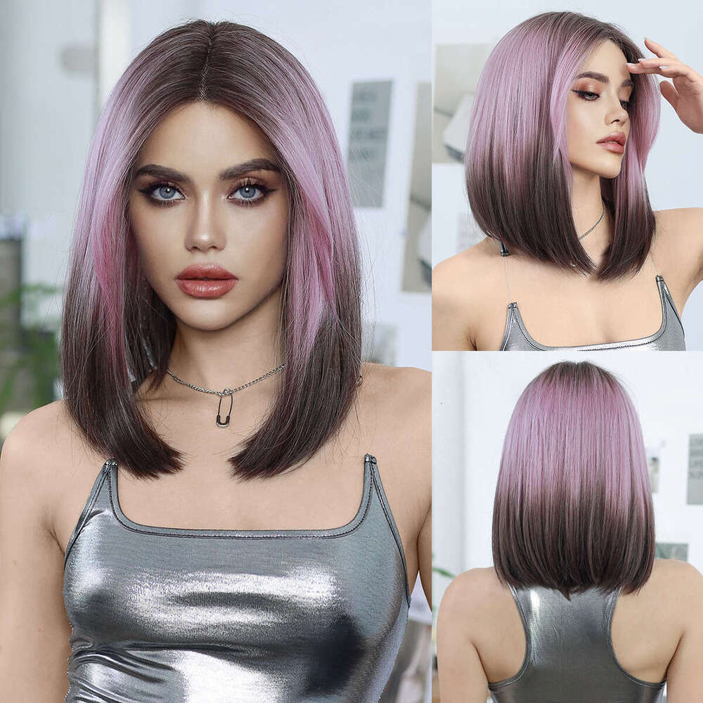 Small T Wig Pink Gradient Brown Short Straight Hair Medium Differentiated Fiber High Temperature Silk Bob Lace Front Wigs