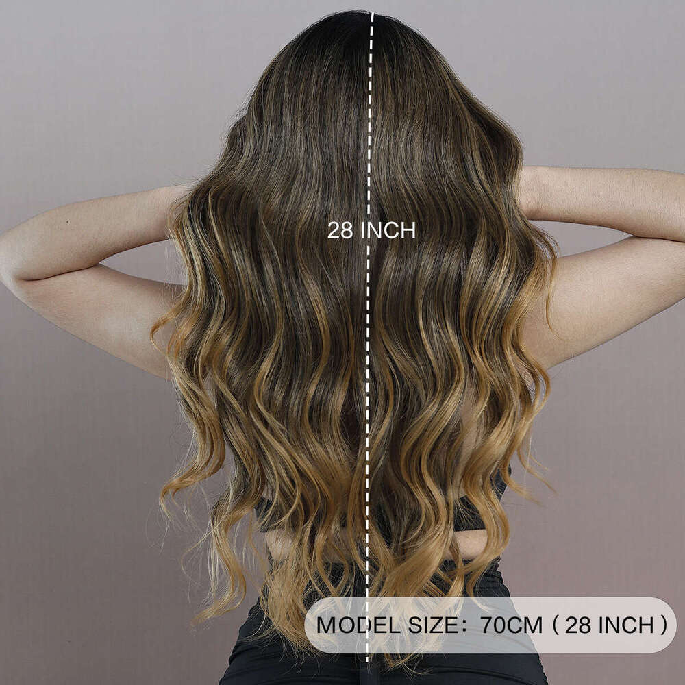 T Women's Wig Side With Brown Gradient Waves, Long Rolled Synthetic Lace Wig, Full Top