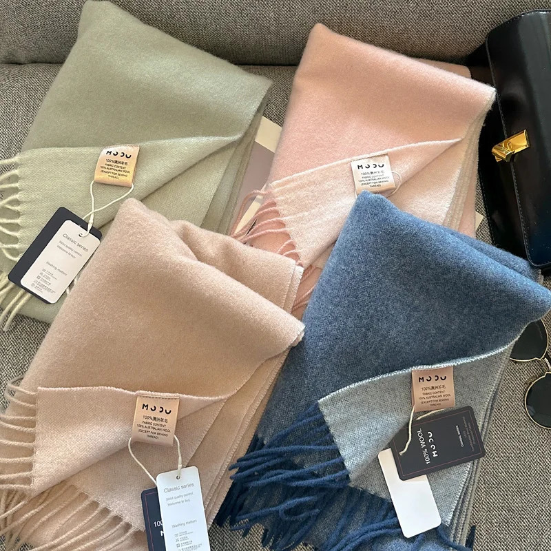 100% wool scarf womens British style Tatar solid cashmere with tassels winter warm neck 241009