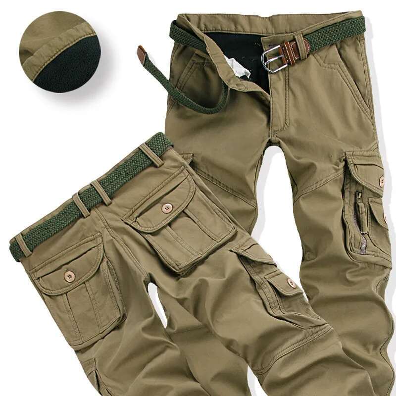 Men's Winter Thick Warm Cargo Pant Casual Fleece Pocket Fur Trouser Plus Size Brushed Fashion Loose Baggy Joger Worker Male