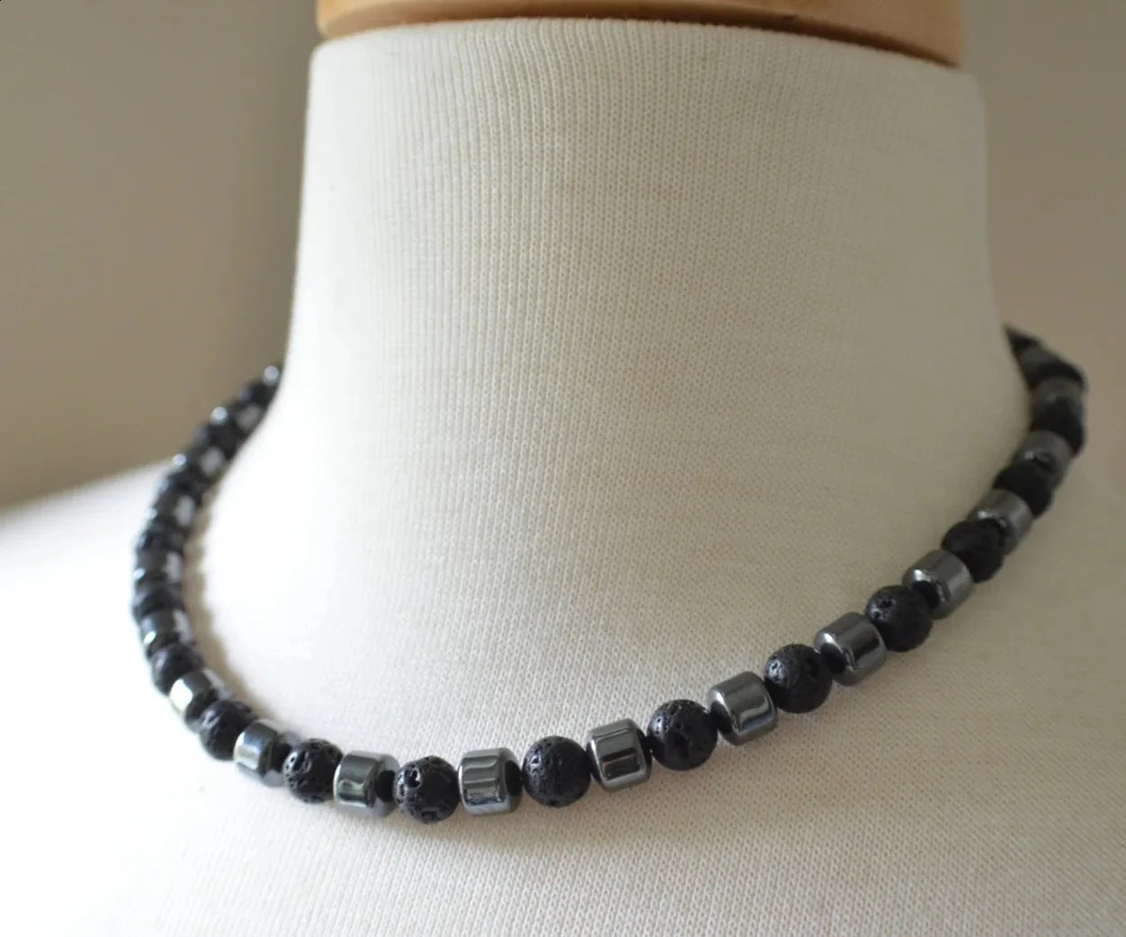 Mens necklace featuring natural coconut pearls white natural shell sea stone pearls and black wood pearls. Surfer necklace 241017