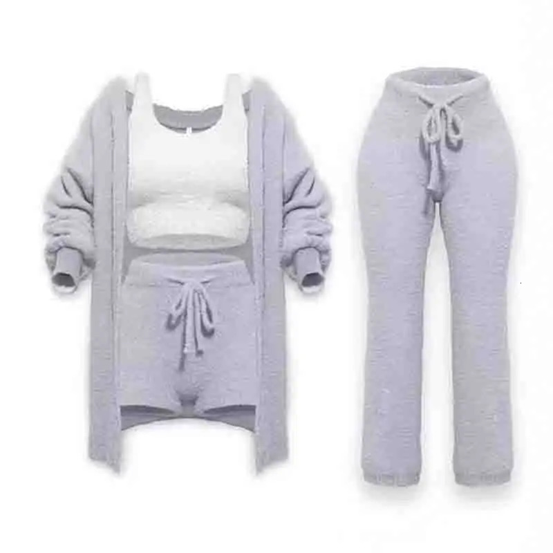Womens Fuzzy 3-Piece 3 Pe Set O-Collar Cut Tank Top Long Sleeve Wool Warm Hooded Cardigan Shorts Set Casual Wear 241017