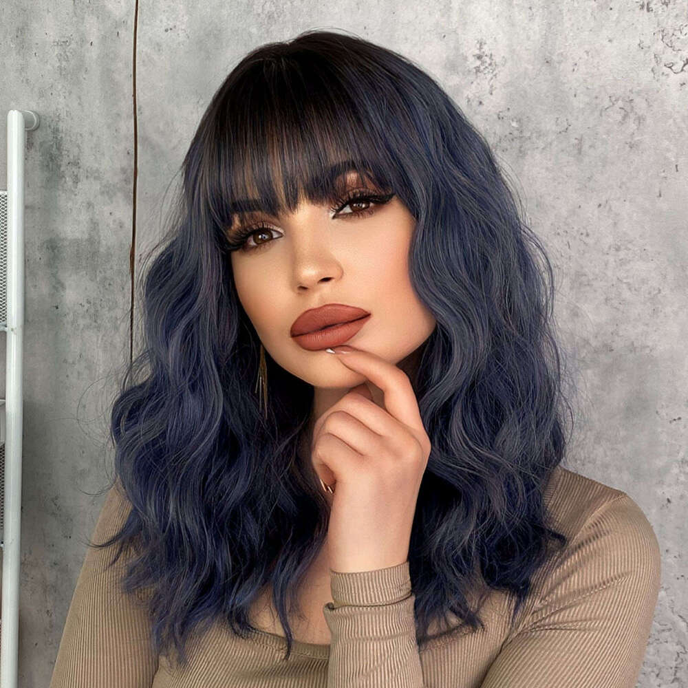 Japanese And Korean Women's Haze Blue Wave Medium Long Curly Hair High Temperature Silk Wig Set Blue Wigs