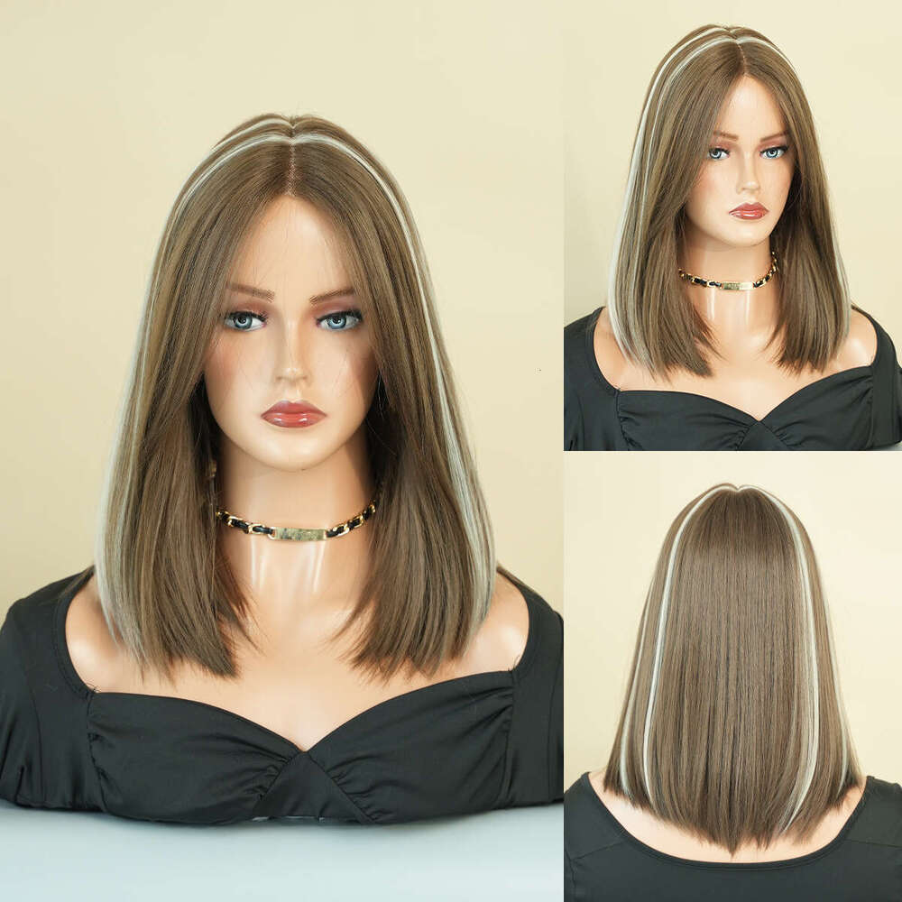 Ladies' Little T Front Wig Synthetic Full Headset Brown Short Straight Hair Mid Split Bob Lace Wigs