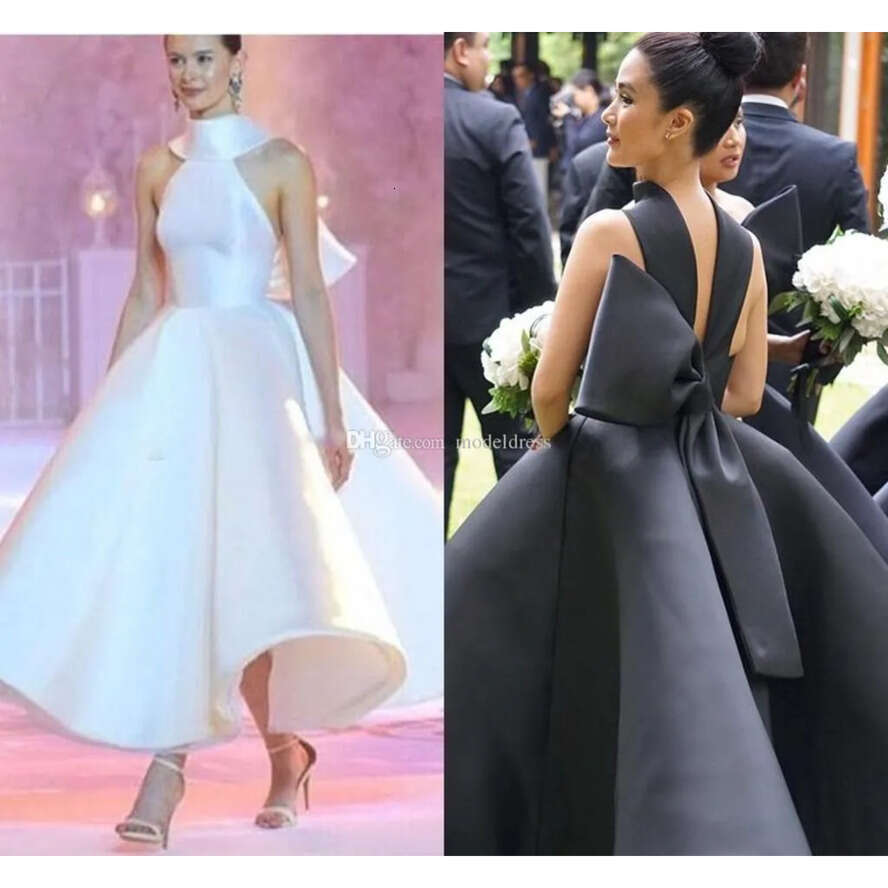 Runway Evening Dresses Latest Halter High Neck Backless Big Bow Ankle Length Satin White Black Prom Party Red Carpet Gowns Vestidos