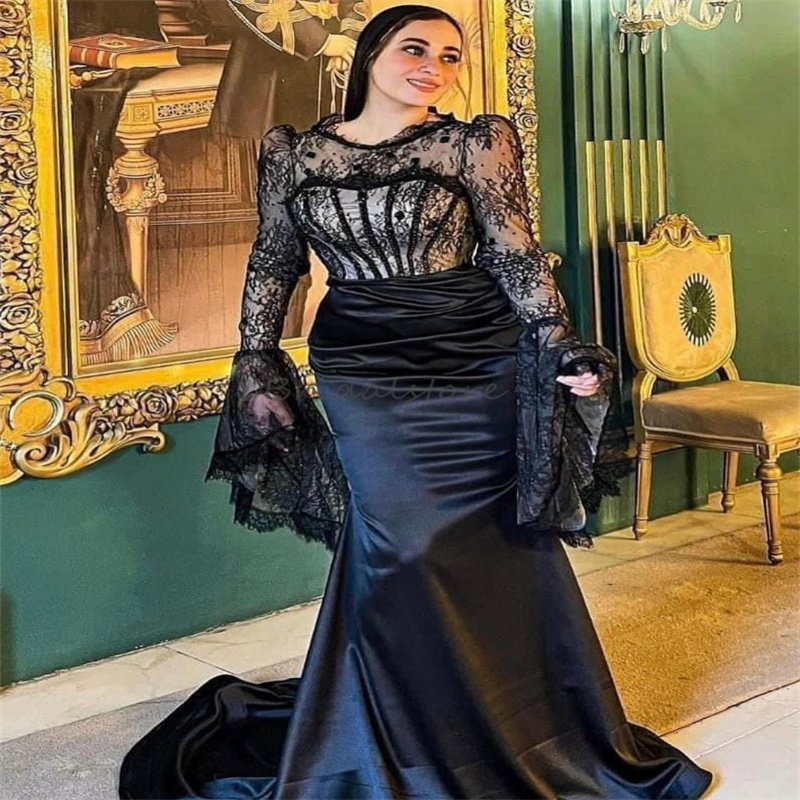 Plus Size Black Muslim Evening Dresses 2025 Lace Long Sleeve Mermaid Prom Dress Saudi Arabic Formal Occasion Birthday Party Gown Elegant Vestio De Fie
