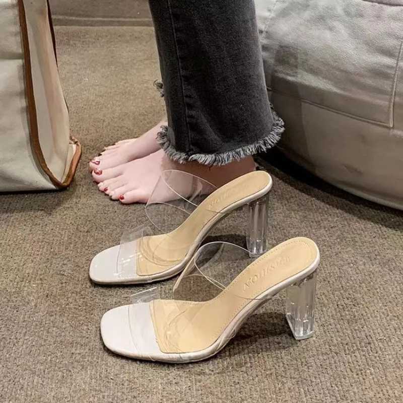 Summer high heels womens shoes fashion transparent high heels sexy hollow breathable slider square toe womens shoes transparent shoe slider Y241017