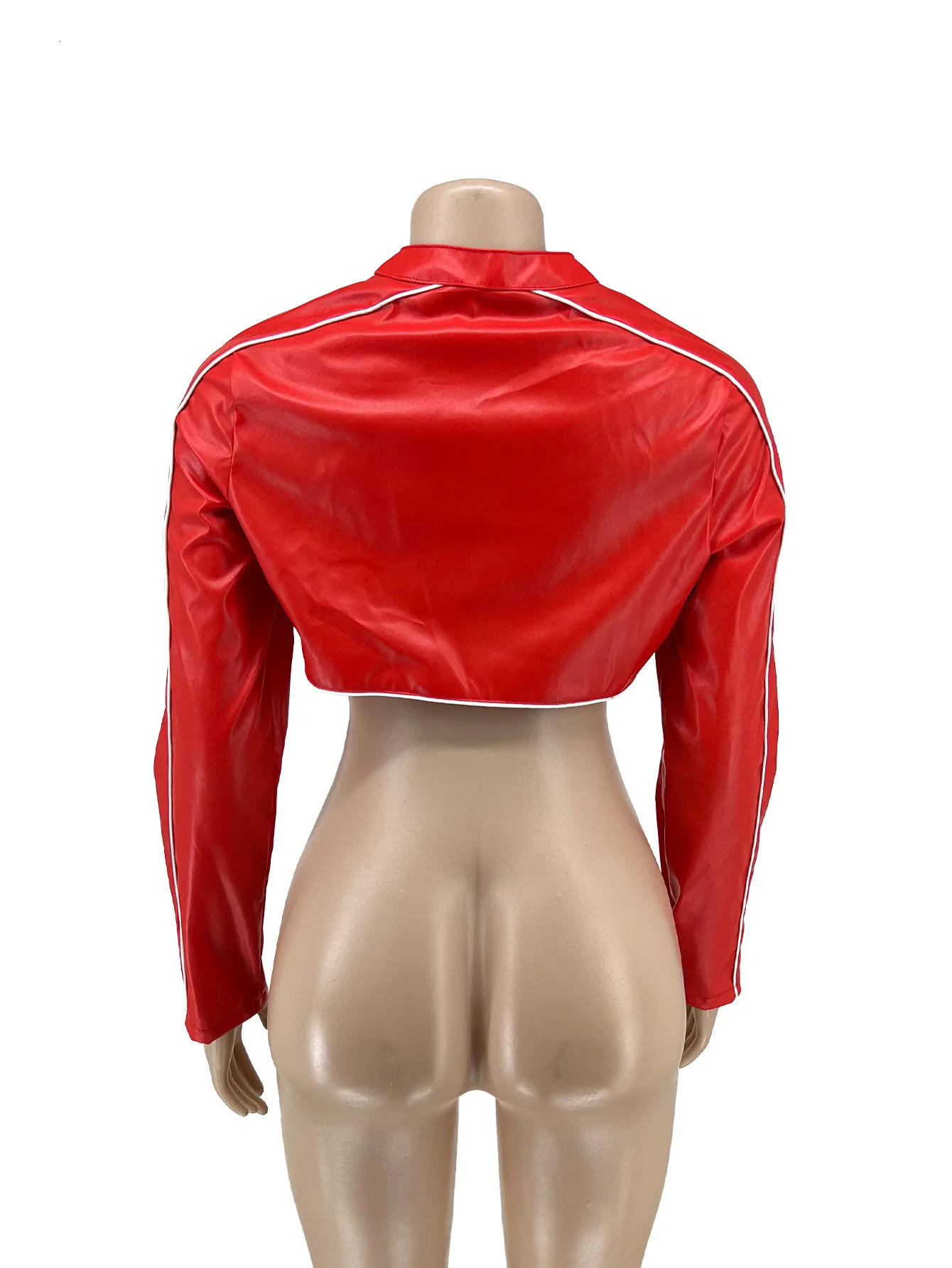 Red jacket womens Pu leather long sleeved crop top with zipper Pu leather jacket womens patented leather cutting jacket short jacket 241017