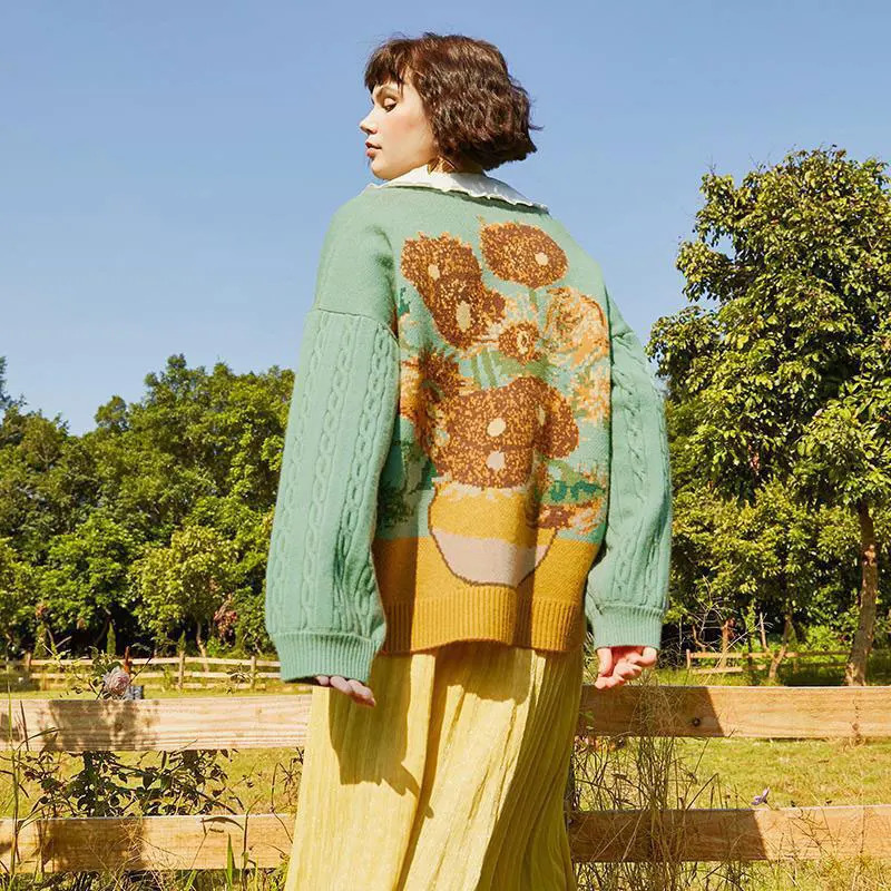Unisex Cardigan Sweater Harajuku Van Gogh Sunflower Knitted Button Women Men Autumn Casual Loose Knit Top Green Blue 241017