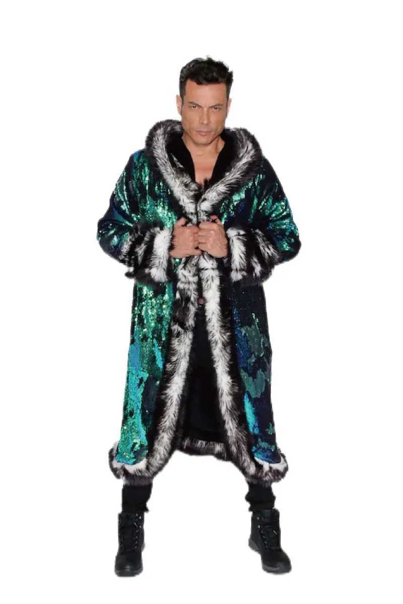 LED glitter faux fur mens jacket nightclub patch workwear long hoodie comfortable holiday party music festival clothing faux fur leather jacket W24122