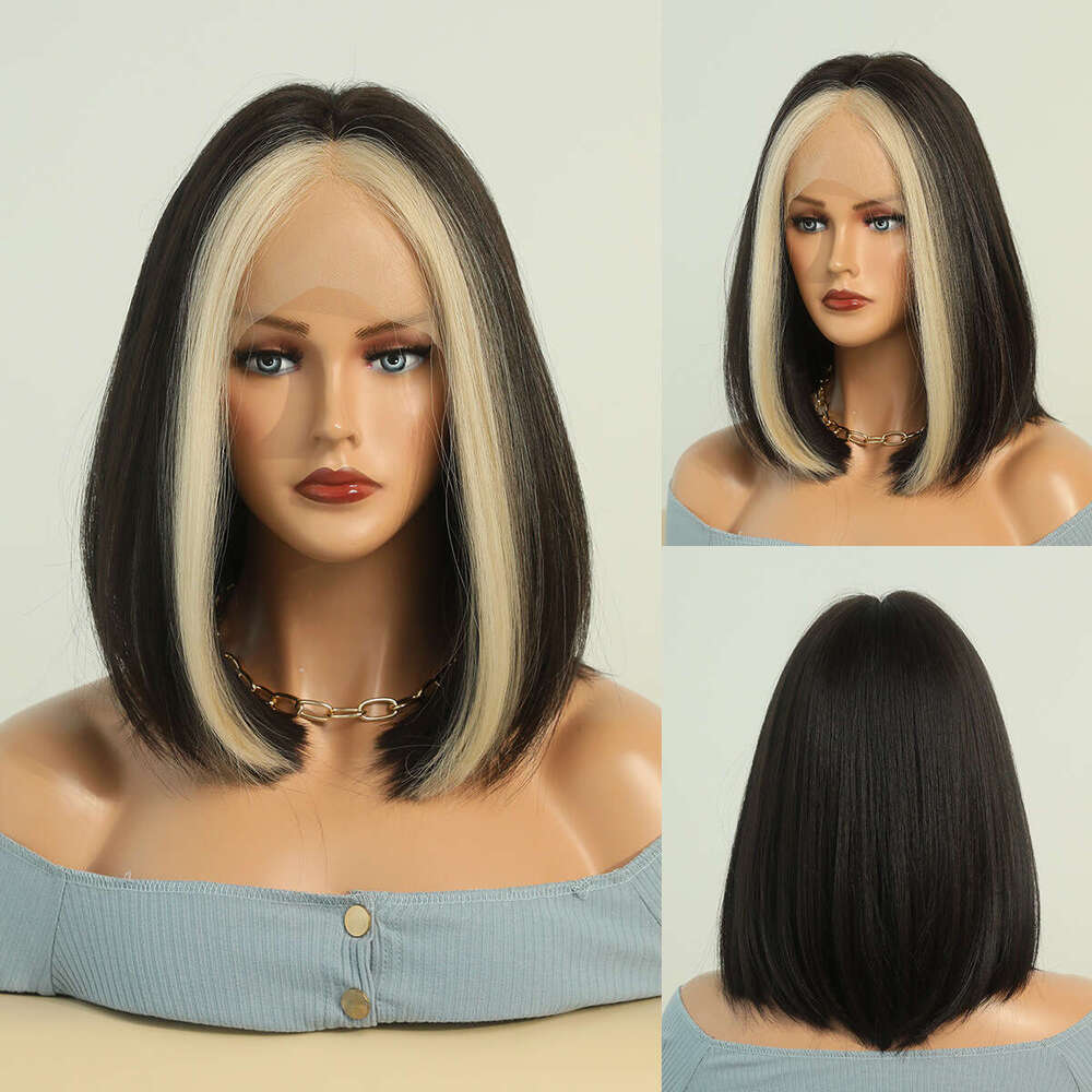 Women's Shoulder Length With Full Head Golden Highlights, Small T-Front Lace Wig, Synthetic Fiber Hand Woven Wig