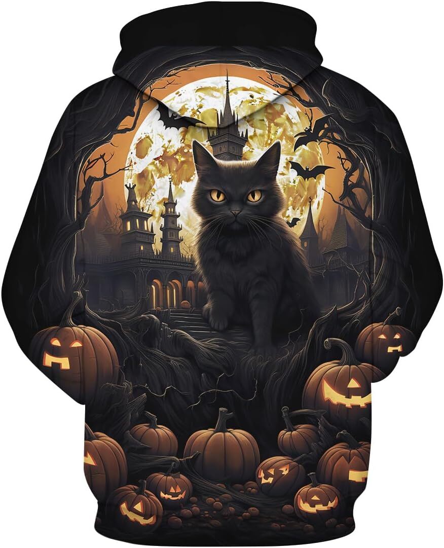 Hoodie for Mens Womens Mens 3D Halloween Pumpkin Cat Pattern Sweatshirts Pullover Halloween Animal Castle Hoodies Hooded,Orange Graphic