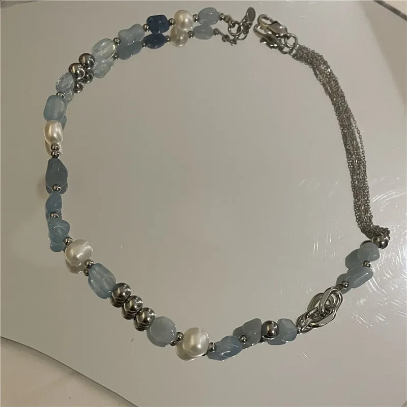 Xiaoluoke Fashion Blue Natural Stone Mixed Freshwater Pearl Summer Irregular n Bead Necklace Bridal Jewelry Gift 241017