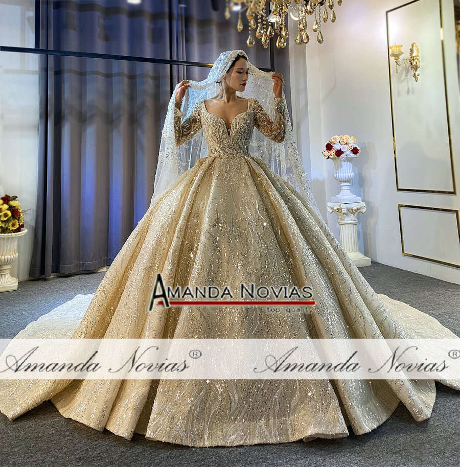 Hot sale full beading wedding with long sleeves bridal dress real work high quality
