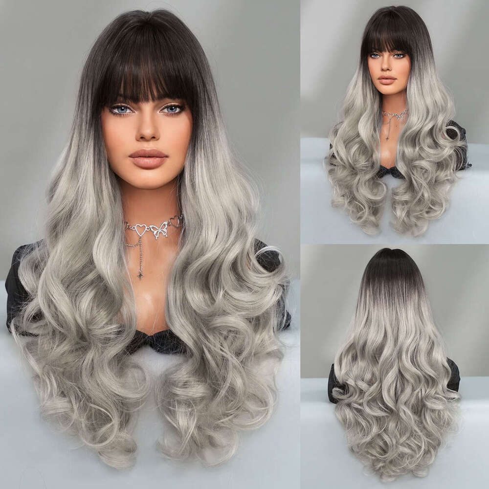 Fashion Gradient Silver Gray Long Hair, Big Curly Head Female Stage Performance Wig, Full Top