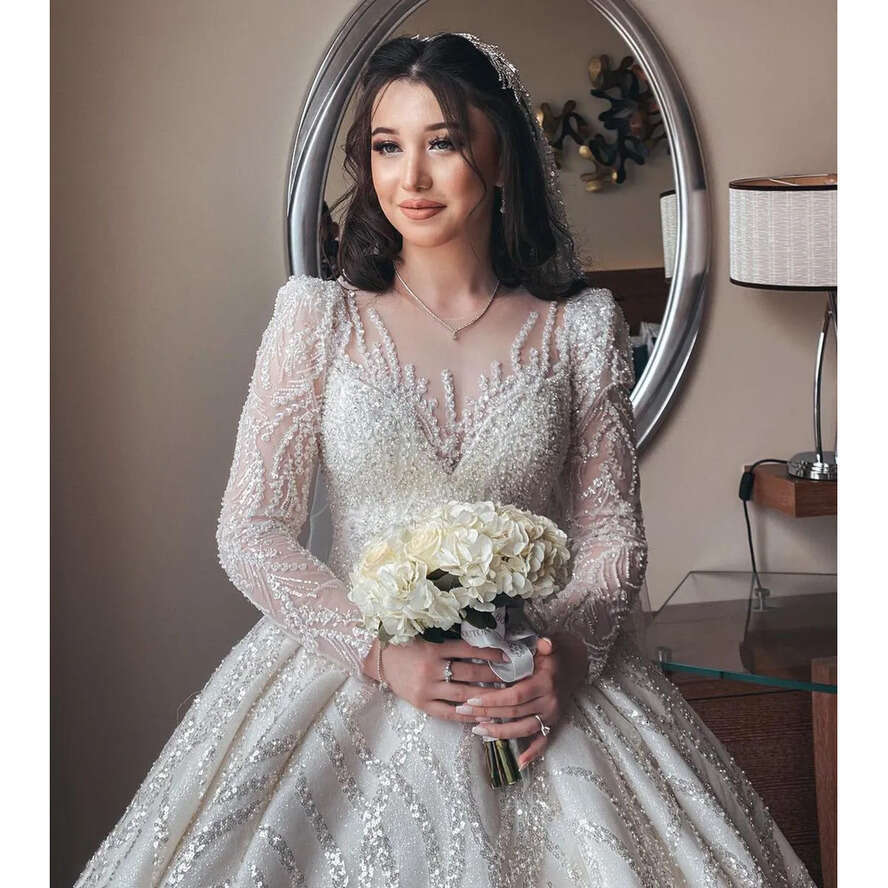 Ball Wedding 2022 Gown Dress With Long Sleeve Jewel Applique Lace Backless Organza Formal Ocn Custom Made Or-Length