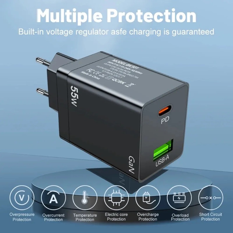 GaN Fast Charging 55W USB Type C PD Wall Charger QC3.0 US EU US AU KR Plug For iPhone iPad Samsung Xiaomi POCO