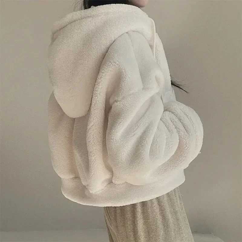 Women Lamb Fleece Hoodies Solid Color Autumn Winter Zipper Jackets Thicken Warm Hooded Coats Ladies Casual Plush OuterwearX241016
