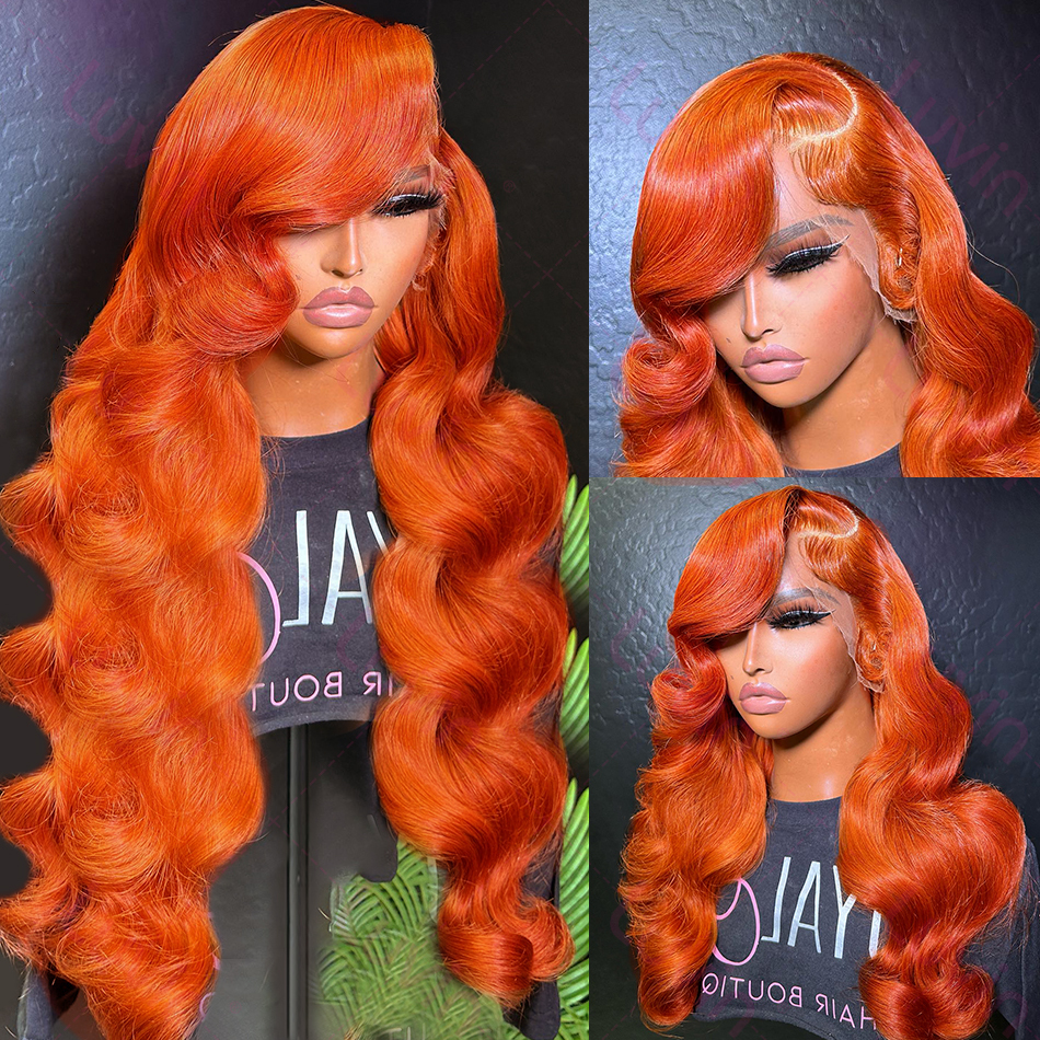 Luvin 250% 30 32 Inches Body Wave Ginger Orange 13X6 Transparent Front Human Wigs 13X4 Lace Frontal Remy Hair Wig
