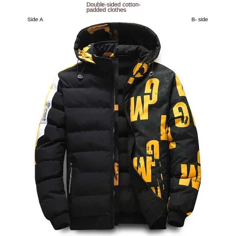 Mens autumn and winter hooded jacket warm and comfortable padded down jacket 2023 new double-sided clothing detachable hat M-5XL X241017