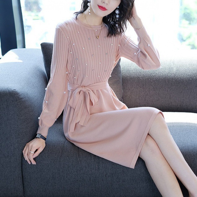 autumn winter o-neck midi sweater dress women A-Line midi sweater dress with belt elegant a-line solid loose dress 220316