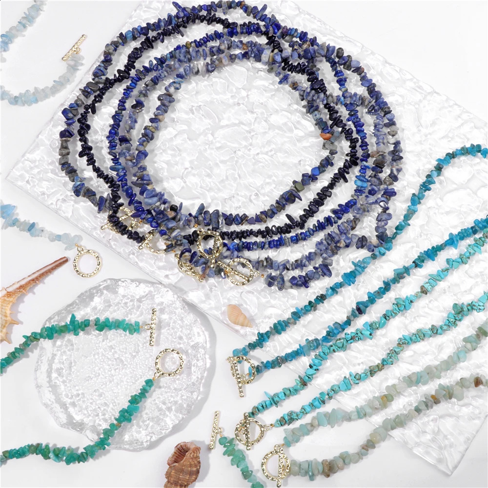 Natural Blue Stone Necklace Irregular Treatment Gravel Sea Blue Gem Crystal Quartz Chip Bead Necklace 241017