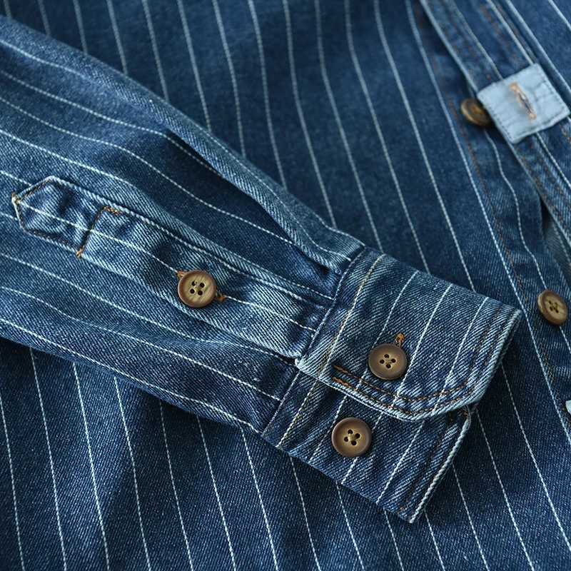 American Style Classic Nostalgic Striped Denim Shirt Mens Long Sleeve Washed Loose Blue Fashionable plus size Shirt for Men LX241017