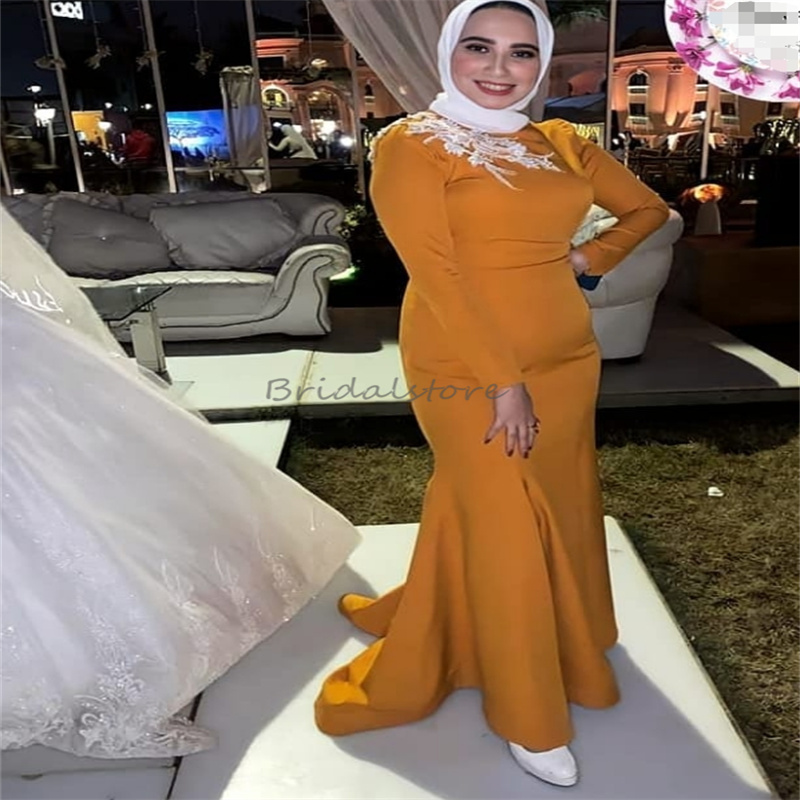 Elegant Orange Islamic Evening Dress With Overskirt High Neck Mermaid Dubai Arabic Prom Dresses Long Sleeve Special Occasion Birthday Reception Party 