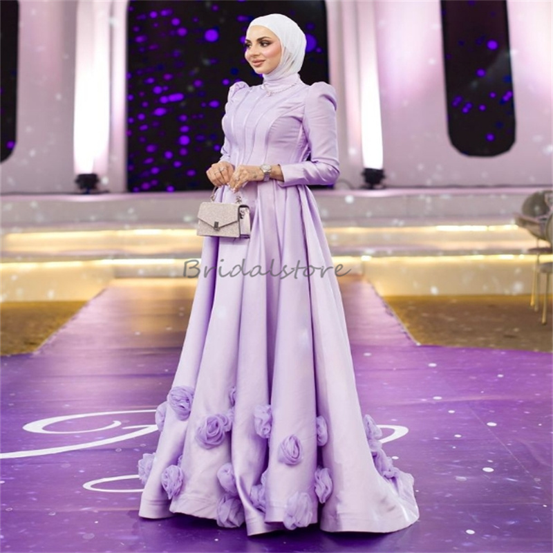 Fairy Lilac Islamic Evening Dresses With 3D Florals A Line Silk Satin Floor Length Muslim Prom Dress Charming Abaya Dress 2025 Reception Engagement Se