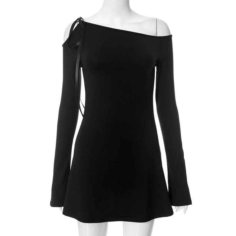 Long Sleeve Mini Dress Hollow Out Bandage Dress Women Off Shoulder Party Dresses Above Knee Autumn Winter Streetwear Black Dress 241017