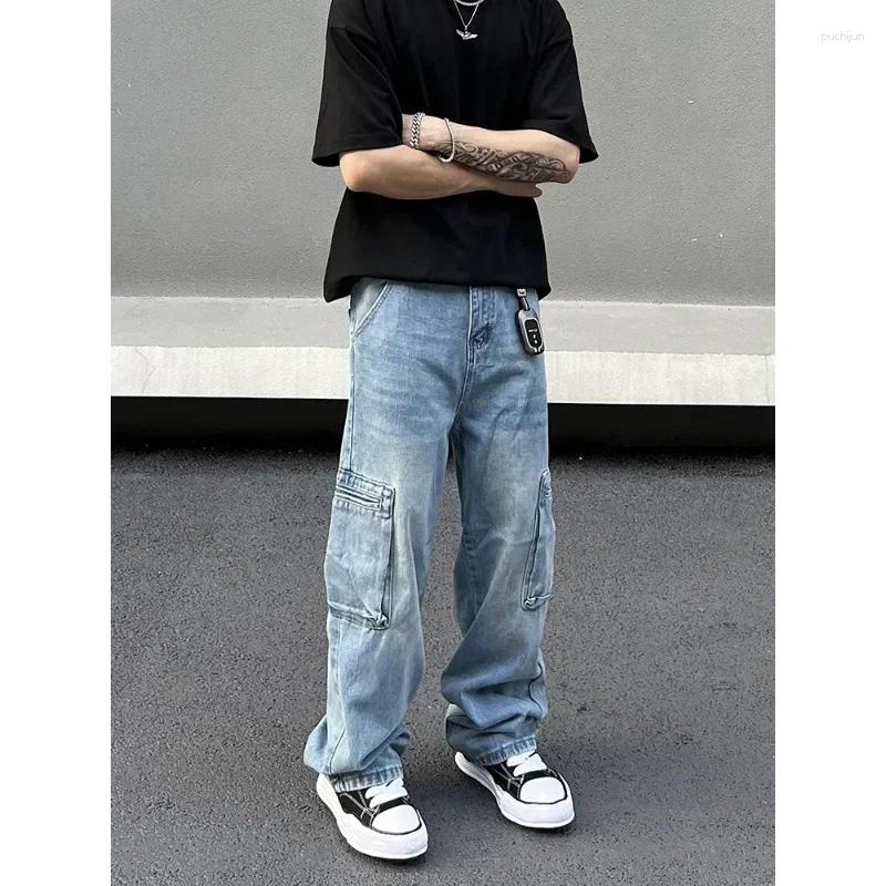 2025 S Fashion Designer Men S Jeans OIMG Y K Fashion Multi Pockets Washed Blue Baggy Cargo Pants For Men Vintage Clothes Straight Denim Trousers