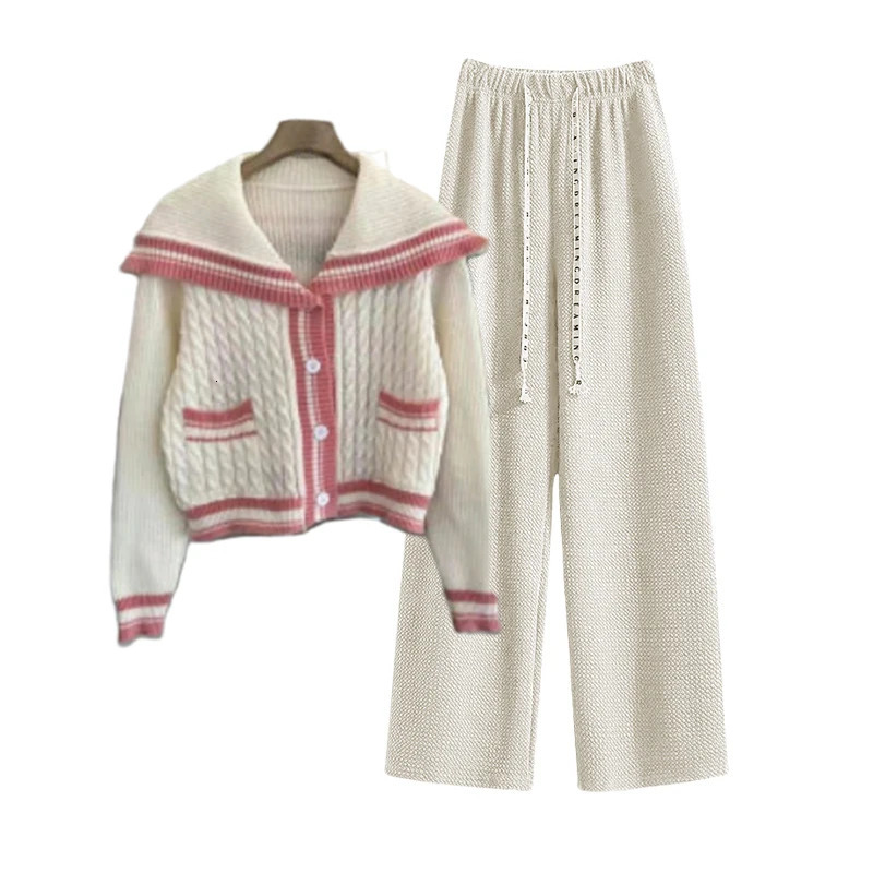 Knitted spring preparatory style sailor neck womens knitted cardigan elastic wide leg pants long sleeved Korean sportswear set 241017