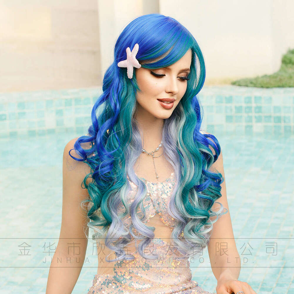 Blue Purple Gradient Mermaid Wig Adult Cos Head Cover Halloween Dressing Wigs