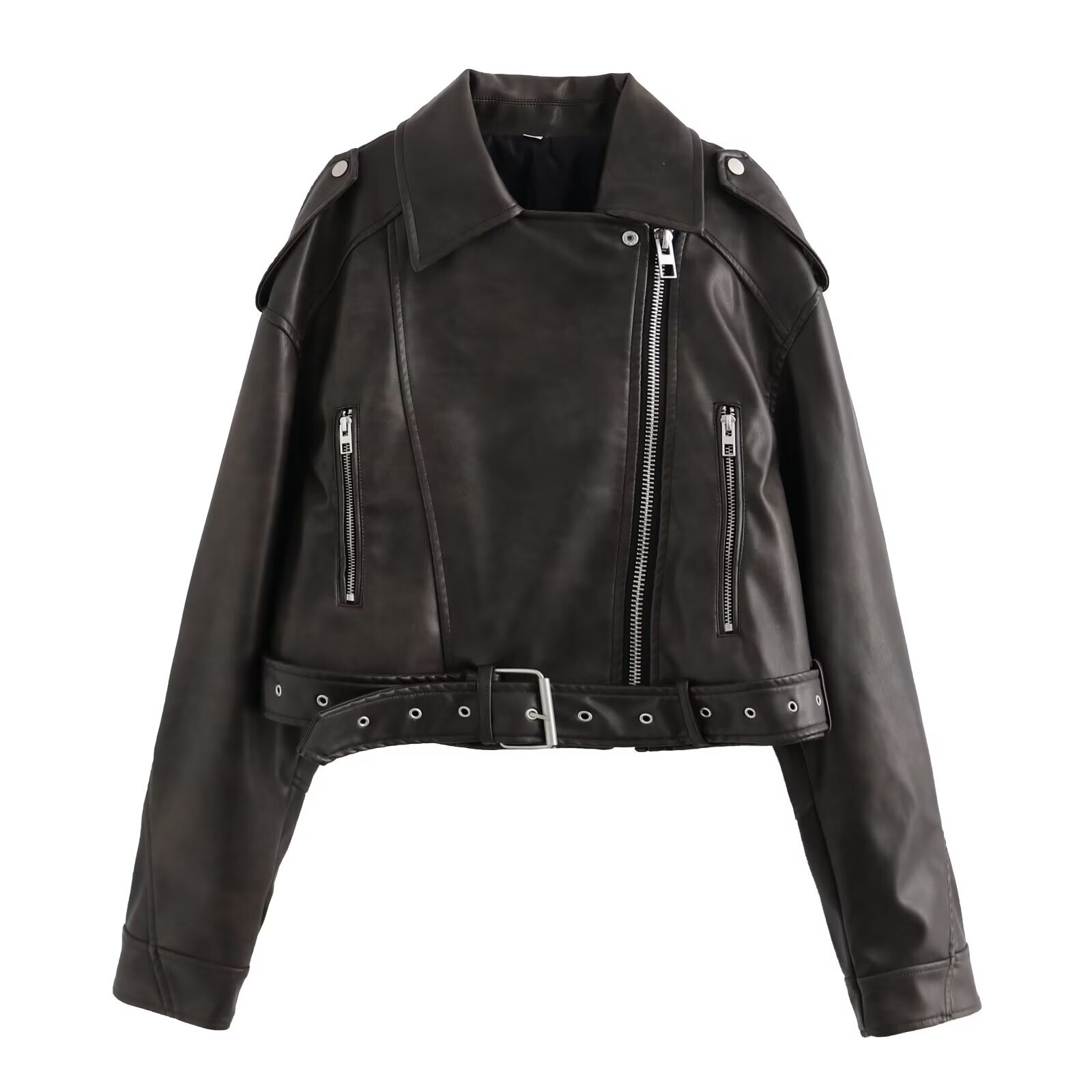 Leather Women's Coat Streetwear Fashion Outwear Elegant Long Sleeve Tops 2024 Inszart Black With Belt Pu Jackets Woman