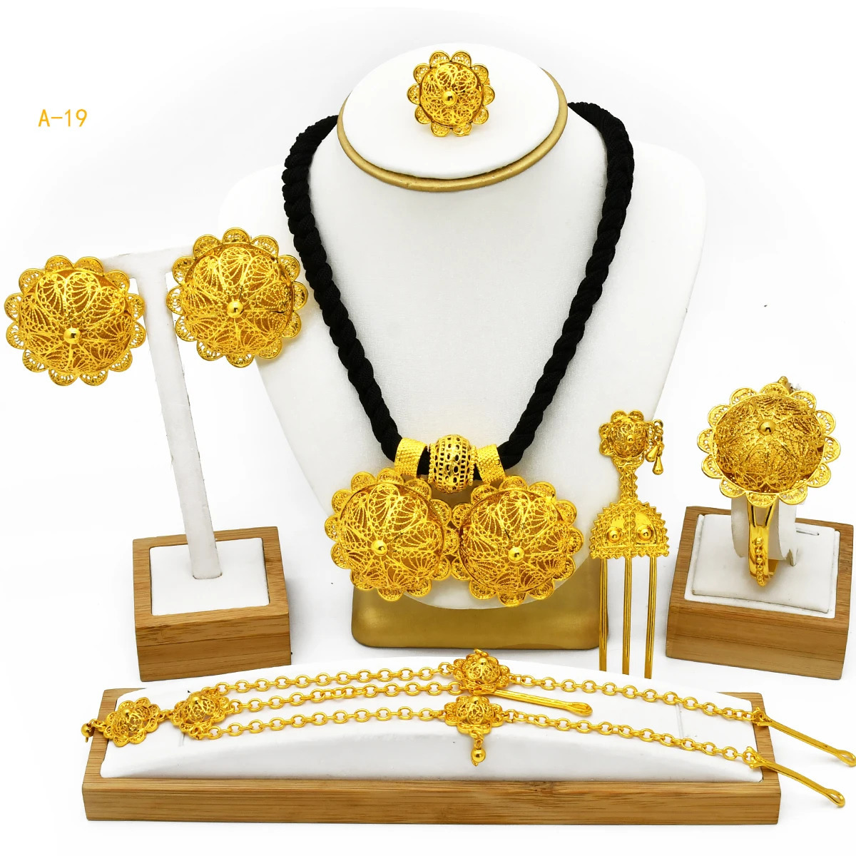 Ethiopian Flower Shape Gold Plated 6pcs Jewelry Sets For Women Dubai Nigerian Necklace Jewellery Set Wedding Party Gifts 241016