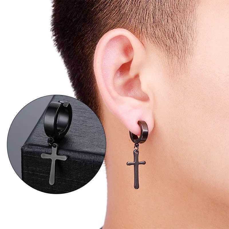 2 pieces/set of fashionable and simple stainless steel cross shaped mens earrings punk hip-hop womens earrings and mens jewelry without ear holes W241