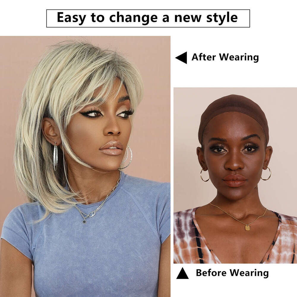 Black Women's Layered Wig, Beige Imitation 70S High Temperature Silk Synthetic Shoulder Length Wig