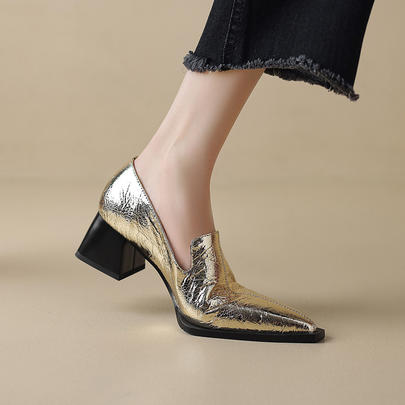 Women Fashion High Simple Design Leather Shoes Casual Versatile Chunky Heel Gentle Style Commute Triple Black Sier Free shipping