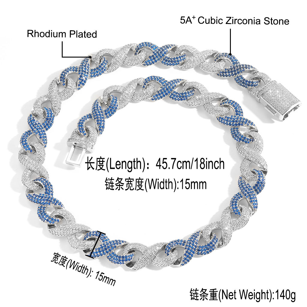 15mm 8 Shape Infinite Chain Cuban Chain 18K Real Gold Plated Blue Zircon Jewelry