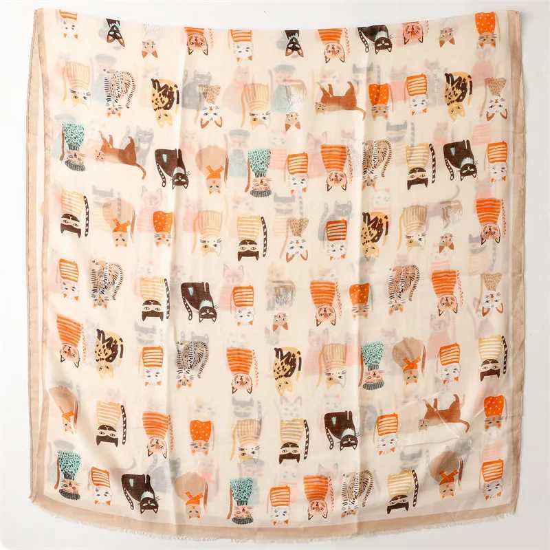 2023 Autumn Cute Cartoon Cat Pattern Adhesive Shawl Womens High Quality Soft Packaging Pashmina Stole Bufandas Muslim Headscarf 180 * 90cm X241017