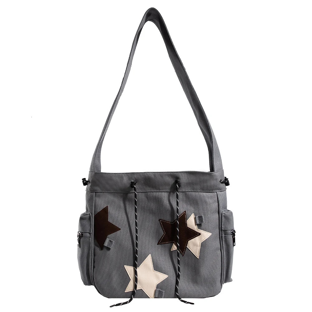 Womens Cute Shoulder Bag Large Capacity Canvas Daily Shopping Bag Star Stickers Y2K Street Style School Bag 241007