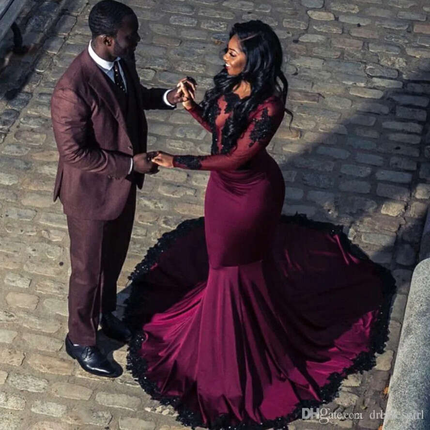 For Dresses African Bury Black Girl Appliques Sequins Open Back Satin Illusion Long Sleeve Mermaid Prom Party Gowns Ba7819